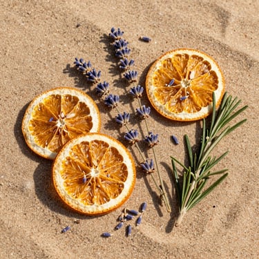 Natural botanical ingredients including dried orange slices, lavender buds, and rosemary leaves arranged beautifully on a warm sand textured background under soft afternoon light