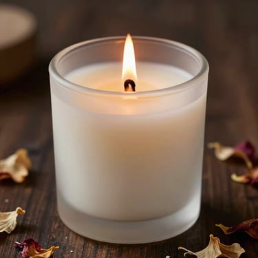A hand-poured soy wax candle in a frosted glass jar, wooden wick burning with a calm warm flame, surrounded by subtle dried botanical petals.