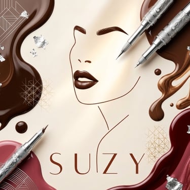 Elegant makeup illustration with dark liquid lipstick, brow pencils, and silver foil accents for SUZY beauty brand.