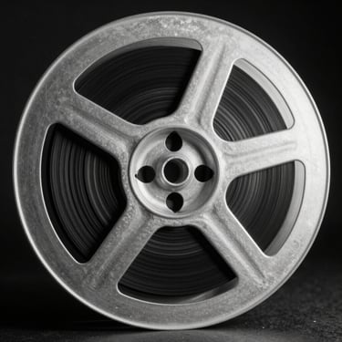 Extreme close-up of a vintage analog tape reel spinning in a low-light studio, silver metallic reflections, high contrast black and white.