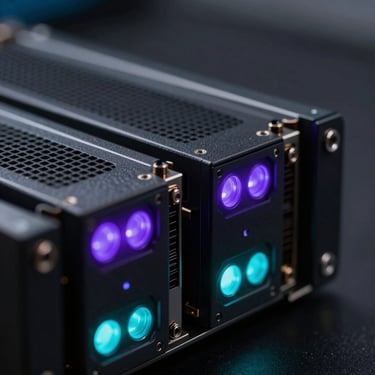 Macro close-up of high-end server hardware with violet and cyan LED indicators, dark cyber-noir atmosphere, technical precision