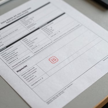 Close-up overhead shot of printed certification labels and batch test documents laid flat on a grey surface, IS mark stamp clearly visible, neutral even lighting, no people, documents fill the frame