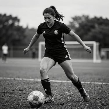 Female athlete focused on the ball mid-motion, gritty pitch-side details, high-contrast desaturated tones.