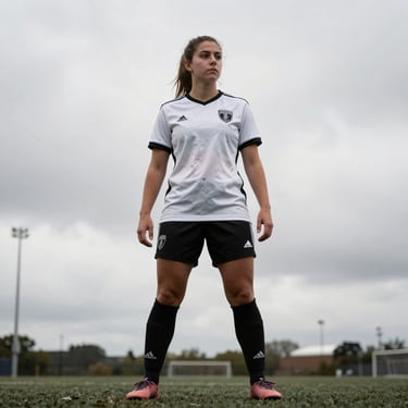 Female soccer player in high-contrast athletic stance, overcast daylight, sharp focus on player movement.