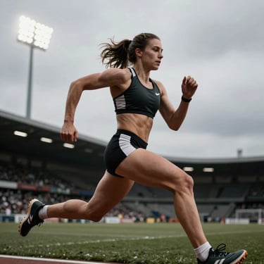 Tight crop of a female player sprinting with high-intensity focus, dramatic stadium floodlights.