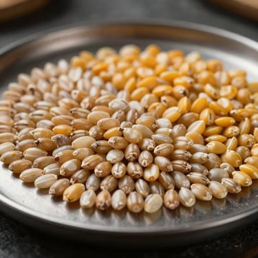 Close-up of polished agricultural grains and golden pulses arranged neatly on a dark steel plate, sharp side-lighting, high-contrast