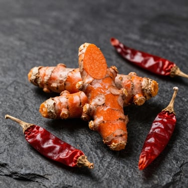 Macro shot of vibrant orange turmeric roots and dried deep red chillies on a dark, textured stone surface, low-key dramatic lighting