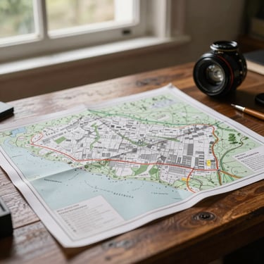 Detalhe macro de escrituras de terra oficiais e mapas de demarcação sobre mesa de madeira escura, foco técnico preciso, iluminação natural de janela.