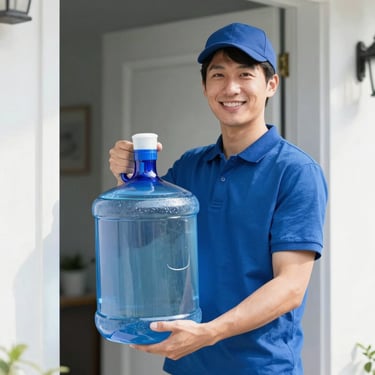 A friendly delivery person carrying a clean blue water jug to a home doorstep, bright daylight.