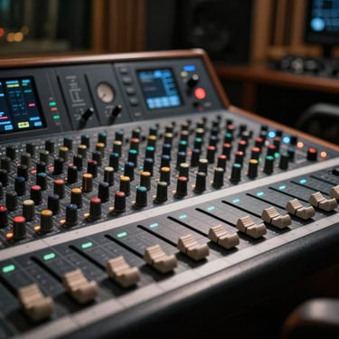 An artistic shot of a professional audio mixing console with glowing faders and knobs in a North American recording studio. The atmosphere is cinematic with soft light hitting the metallic surfaces against deep charcoal and black shadows.
