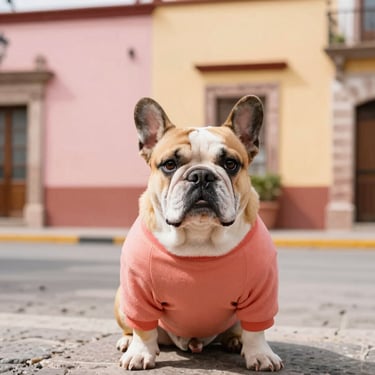 Un perro bulldog francés posando con una sudadera deportiva coral en una calle colorida de San Miguel de Allende.