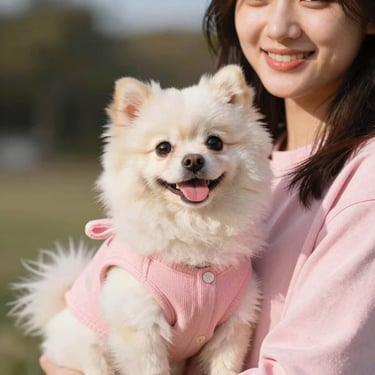 Un cachorro de pomerania con un pequeño suéter artesanal rosa junto a su dueña sonriente, luz de tarde.