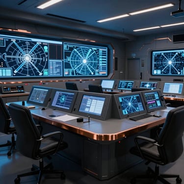 Wide panoramic high-tech military-grade control room, multiple glowing screens with tactical maps, cool low-key blue ambient lighting with sharp copper reflections, 35mm lens