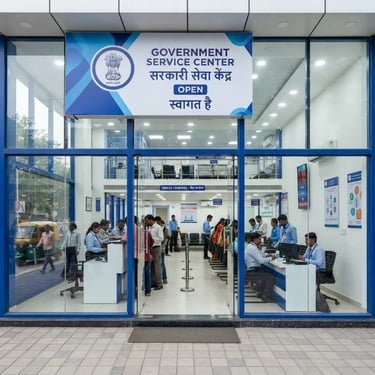 Straight-on eye-level photograph of a modern, bright, and organized government service center storefront in India, clean blue and white signage, professional atmosphere, daytime.
