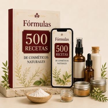 Natural cosmetic recipe book and digital ebook next to skincare ingredients, bottles, and jars.