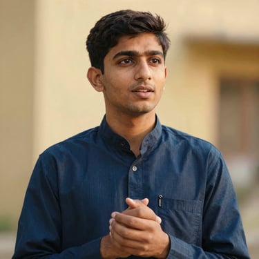 A medium close-up of a Pakistani brother looking hopeful, hands folded gently, soft natural light, blurred background.