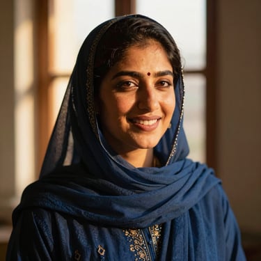 A medium close-up of a Pakistani sister smiling warmly, soft golden-hour window light, shallow depth of field.