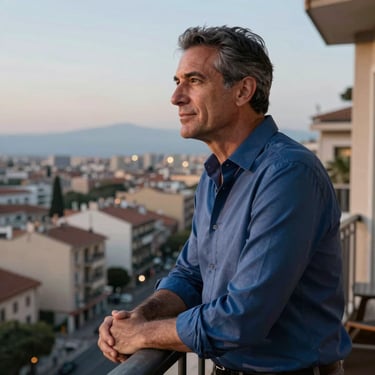 A photography of a professional man in his 50s looking out from a balcony over a Southern European city at dusk. He wears a steel blue shirt and has a look of contemplative satisfaction.