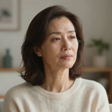 A close-up portrait of a serene woman in her 40s with a thoughtful expression, in a modern Southern European setting. She is wearing a soft ivory sweater. The lighting is soft and natural, emphasizing a sense of inner peace and wisdom.