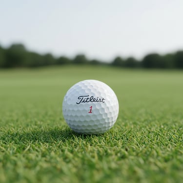 A Titleist golf ball sits on the short green grass of a professional golf course fairway.
