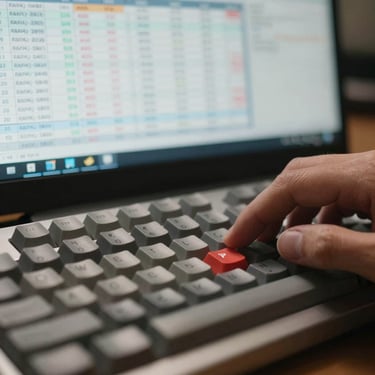 Macro tight crop of a mechanical keyboard and a hand executing a trade, with a blurred background of a spreadsheet trade log showing precise risk metrics on a monitor.