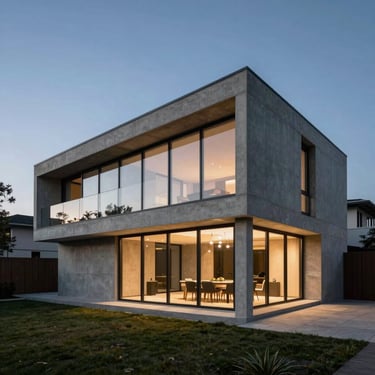 Dusk shot of a minimalist concrete and glass estate, dramatic lighting, sharp architectural lines.