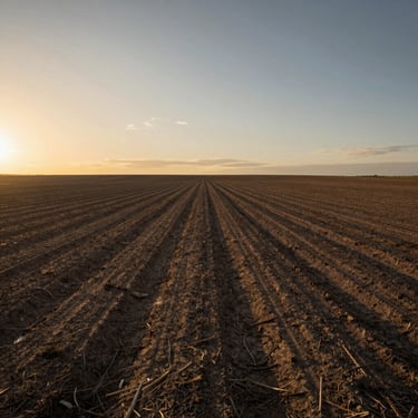 Low-angle panoramic shot of an expansive raw land parcel at golden hour, low horizon, dramatic shadows.