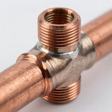 Close-up macro shot of an immaculate copper pipe joint, clean silver solder line, polished metal surface, bright natural studio lighting