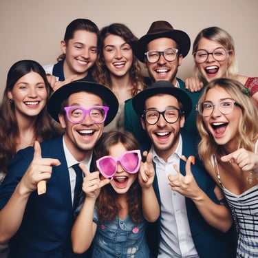 Guests laughing and posing inside a vibrant photo booth at a lively Las Vegas party.