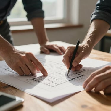 Close-up of hands collaborating over architectural plans on a wooden table, warm morning light filtering through a window, highly focused and professional atmosphere.