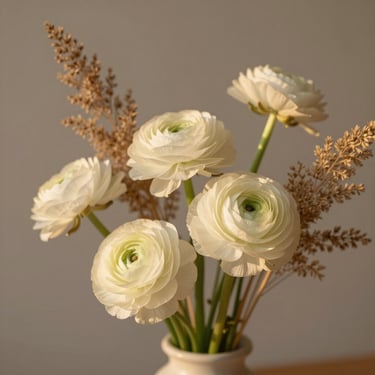 Close up of delicate white ranunculus and dry grasses arranged in a minimal vessel, soft golden hour light