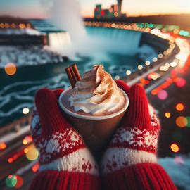 Red mitten hands holding a delicious cup of hot chocolate over looking Niagara Falls at dusk 