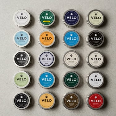 Overhead flat lay of multiple VELO nicotine pouch tins arranged in a clean grid on a soft rice-grey surface, studio overhead lighting, diffuse fill, no shadows harsh, product labels clearly visible