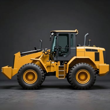 Clean side profile of a high-capacity yellow wheel loader, neutral high-contrast dark background.