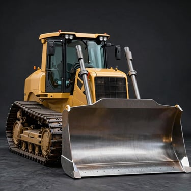 Clean profile of a heavy track-type tractor bulldozer with large blade, neutral high-contrast dark background.