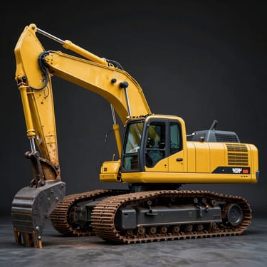 Clean side profile of a heavy crawler excavator on tracks, neutral high-contrast dark background.