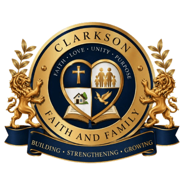 Gold and blue Clarkson Faith and Family crest featuring lions, a heart, and christian symbols.