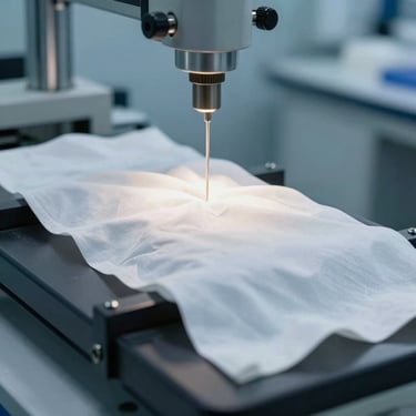 Macro photograph of white clinical fabric undergoing tensile strength testing in a bright laboratory, precise mechanical clamp visible, sterile blue background.