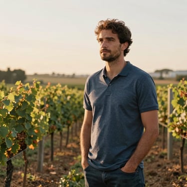 Portrait of a Southern European / Portuguese man standing in his organic vineyard, looking proud and professional, golden hour lighting.