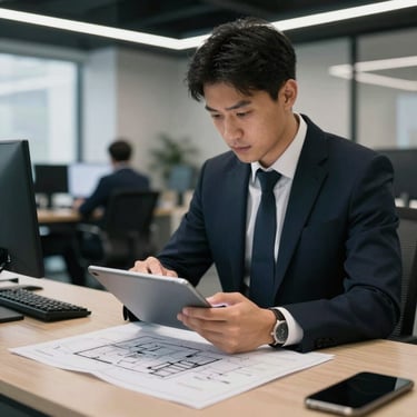 A focused male recruiter in a modern workplace setting, reviewing architectural plans on a tablet, sharp contrast, cool light