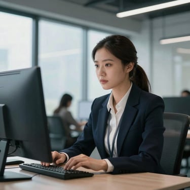 A focused female technical recruiter in a modern architectural office, looking at a screen, natural cool side-lighting