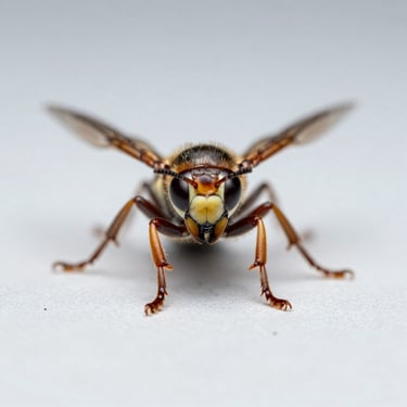 Macro photograph of a European hornet on a neutral light grey background, scientific clarity, sharp focus on the head and thorax, clinical studio lighting.