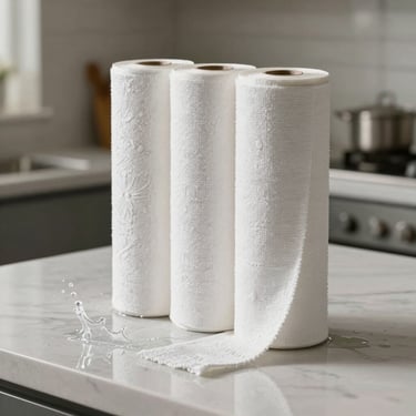 A roll of Dalisay kitchen towels standing vertically on a clean kitchen counter. A splash of water nearby is being effortlessly absorbed by a single sheet, showcasing performance.