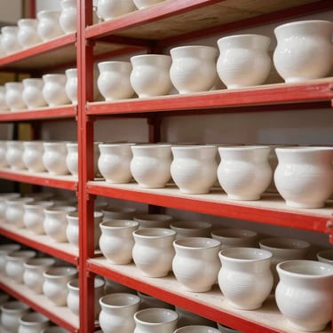 A bright, sunlit workshop in Vietnam, shelves filled with hand-glazed ceramic pots, natural textures, crisp editorial photography.