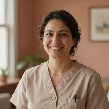 A warm portrait of a clinical director smiling, professional headshot in a home-like setting, soft natural light, warm terracotta background.