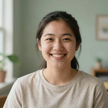 A warm portrait of a lead behavior analyst smiling, soft natural light, gentle sage green background.