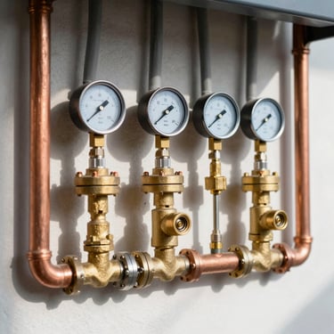 Crisp close-up of an organized residential utility room, polished copper pipes, brass valves, and clean pressure gauges, sharp shadows, bright daylight.