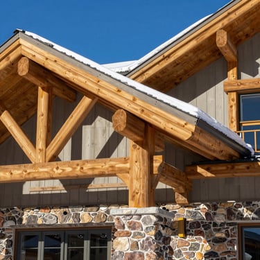Exterior architectural detail of a high-end mountain home, showcasing clean timber beams and stone facade, light snow dusting the eaves, bright Utah winter sun.