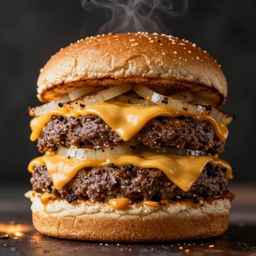 Macro close-up of a towering triple smash burger, layers of melted cheddar, grilled onions visible, steam rising, dark background, warm grill-side glow