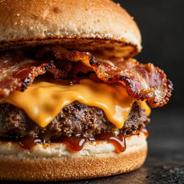 Macro close-up of a smash burger with crispy thick bacon strips sticking out, melted cheddar cheese, barbecue sauce glaze, dark background, dramatic side-lighting